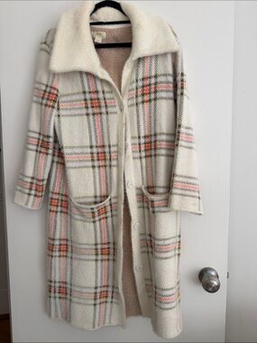 Maeve Cream Plaid Trench Coat with Pink & Olive Accents